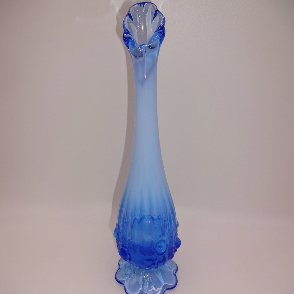 Vintage Two Tone Blue Fenton Glass Vase Bud Flowers Flower Base Marked 10"